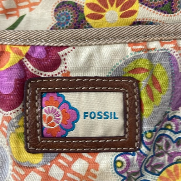 Vintage Fossil Floral Boho Leather and Canvas Tote Bag - Picture 5 of 6